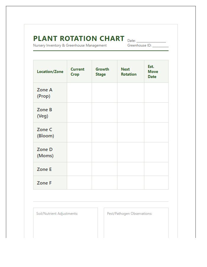 Nursery Greenhouse Plant Rotation Printable Chart
