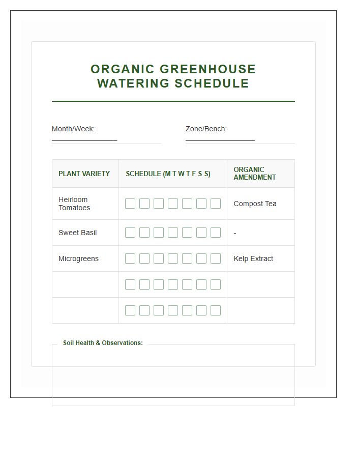 Organic Greenhouse Watering Schedule Printable Chart