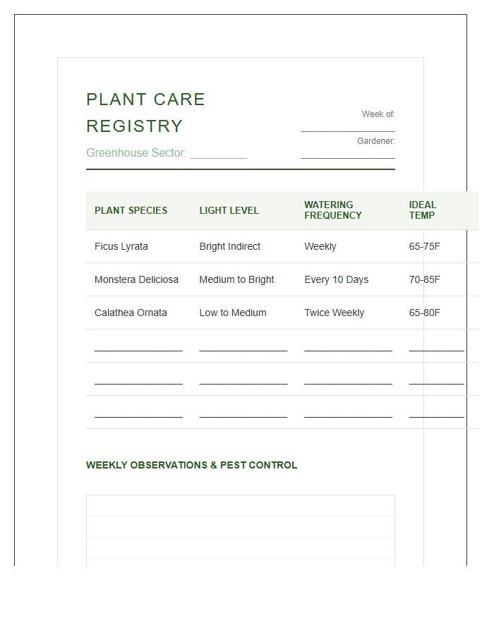 Professional Greenhouse Plant Care Printable Chart
