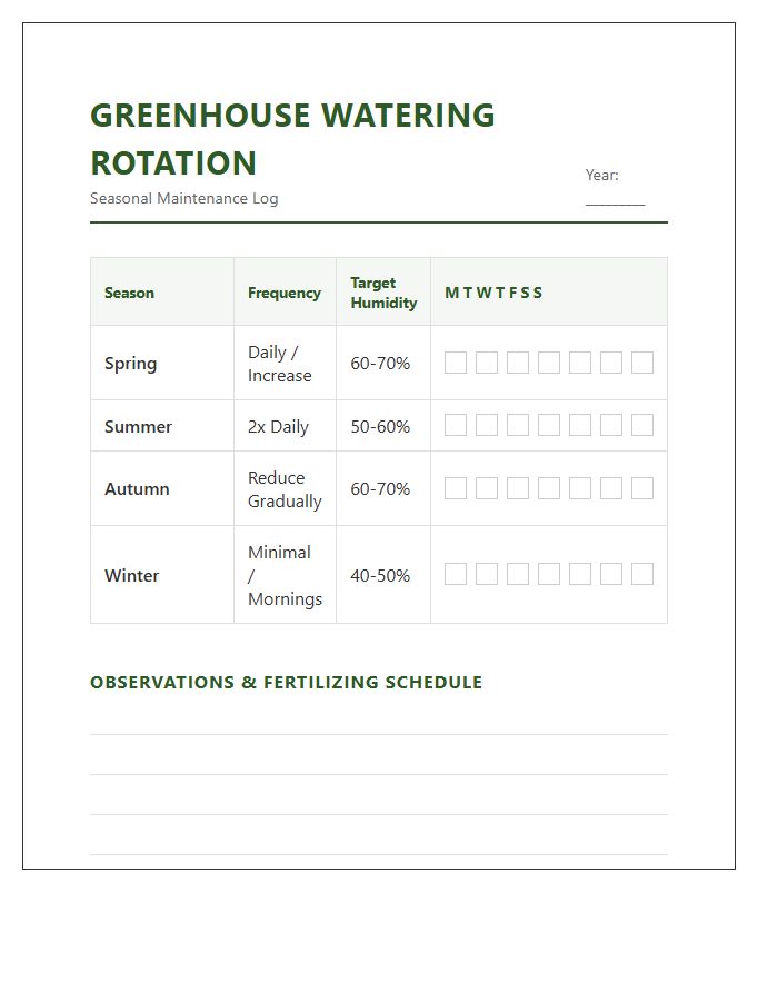 Seasonal Greenhouse Watering Rotation Printable Chart