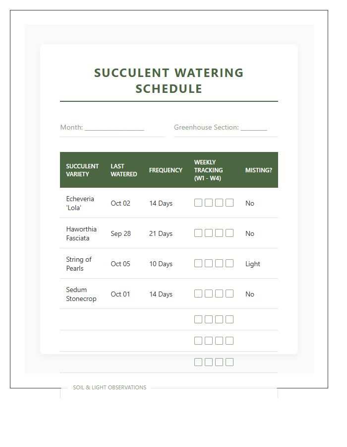 Succulent Greenhouse Watering Schedule Printable Chart