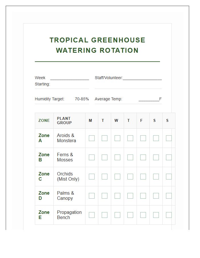 Tropical Greenhouse Watering Rotation Printable Chart