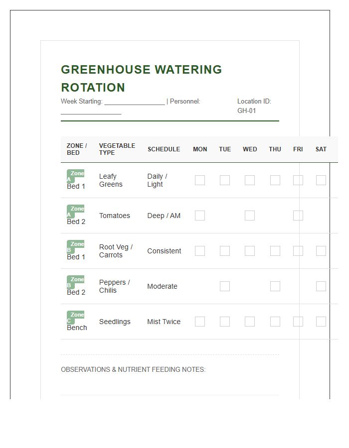 Vegetable Greenhouse Watering Rotation Printable Chart