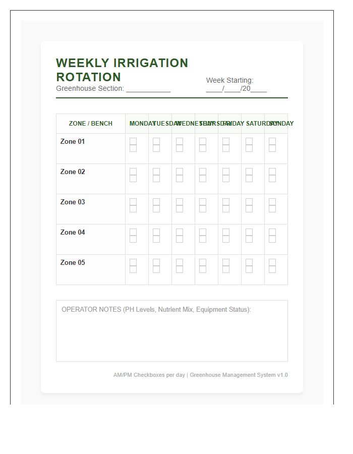 Weekly Greenhouse Irrigation Rotation Printable Chart