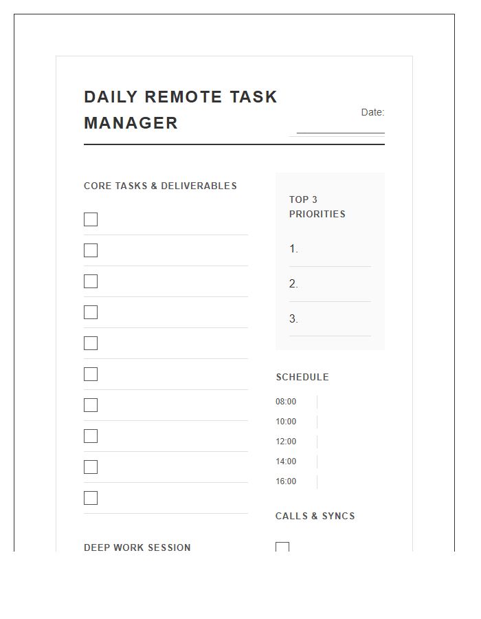 Daily Remote Task Management Printable Chart