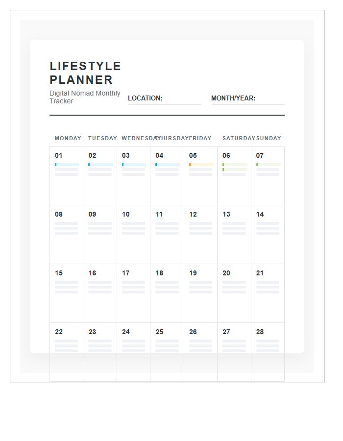 Digital Nomad Lifestyle Calendar Printable Chart