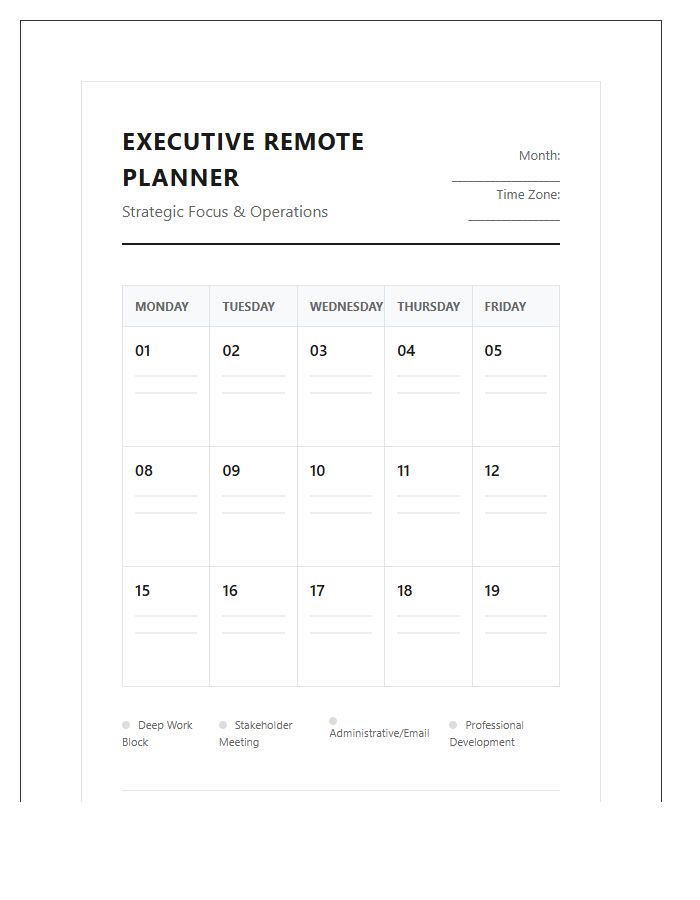 Executive Remote Work Calendar Printable Chart