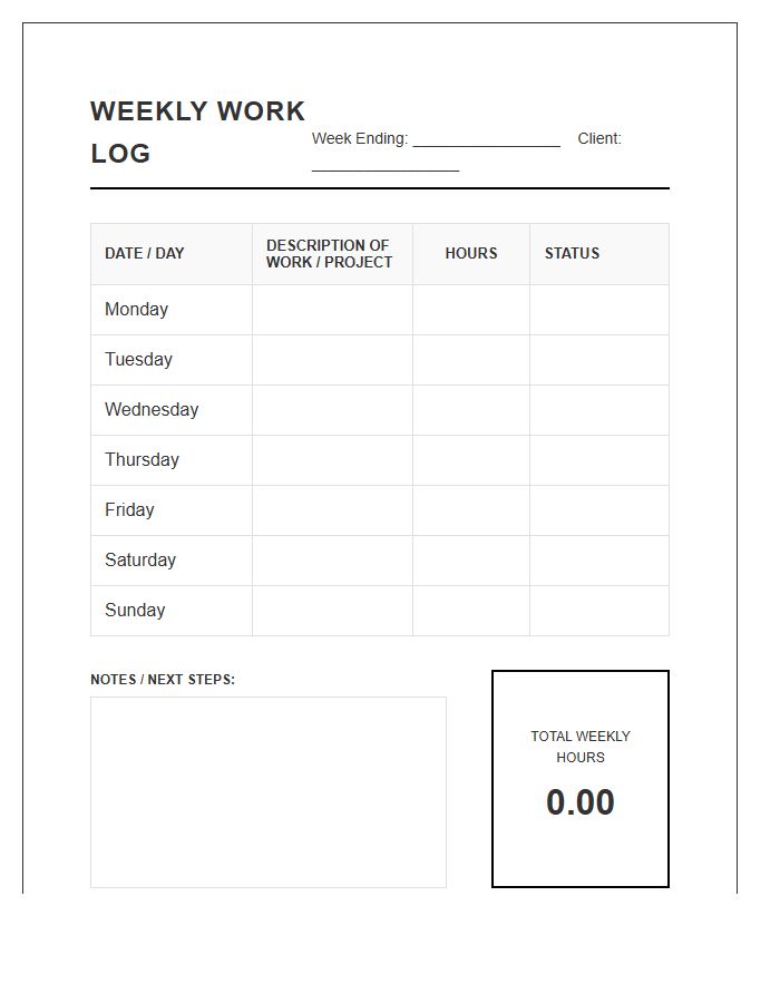 Freelance Weekly Work Printable Chart