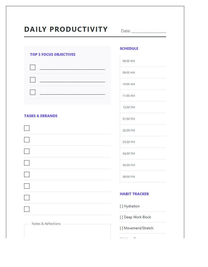 Home Office Productivity Planner Printable Chart