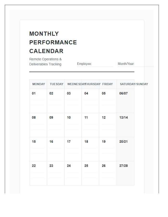 Professional Remote Employee Calendar Printable Chart