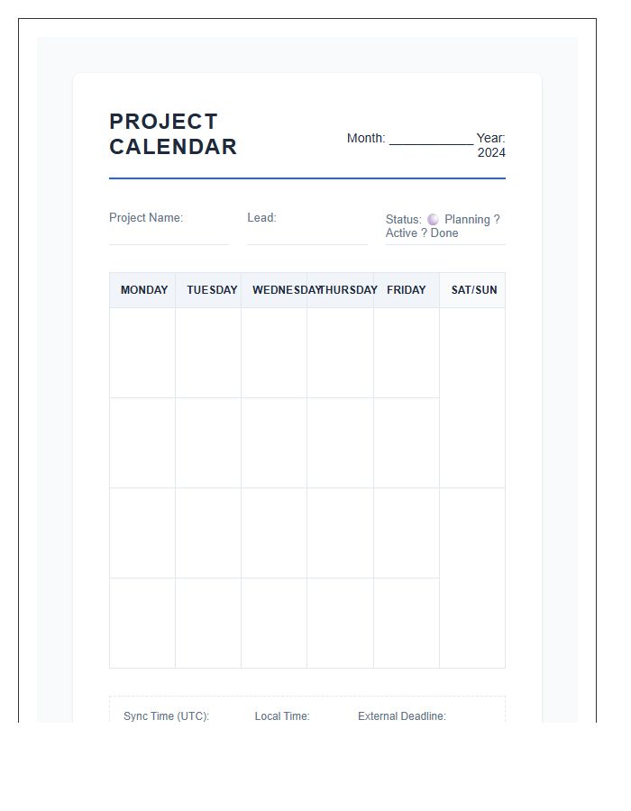 Remote Project Management Calendar Printable Chart