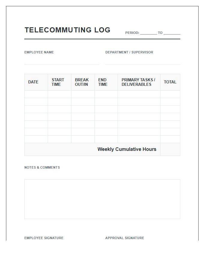 Telecommuting Work Hours Printable Chart