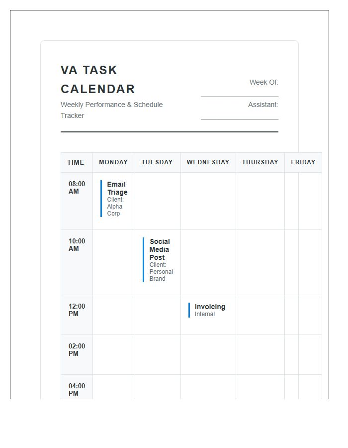 Virtual Assistant Task Calendar Printable Chart
