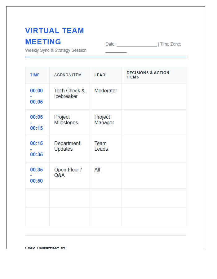 Virtual Team Meeting Schedule Printable Chart
