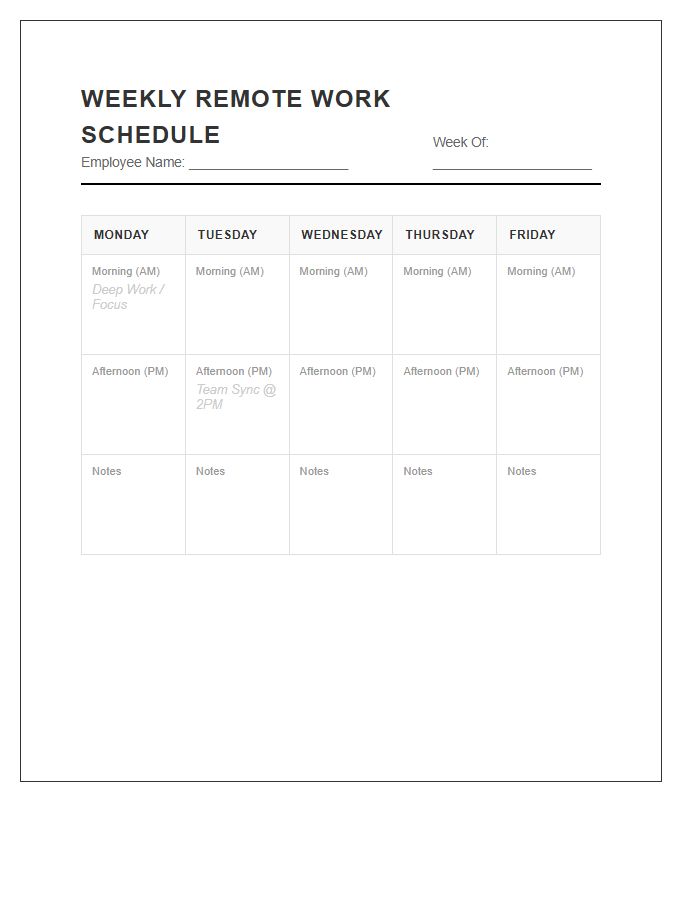 Weekly Remote Work Schedule Printable Chart