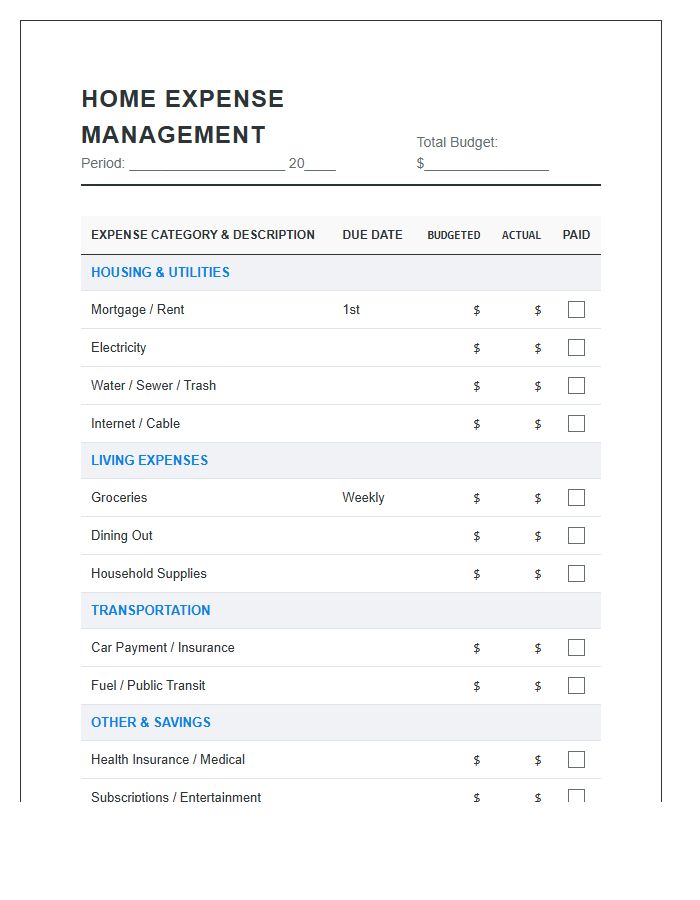 Comprehensive Home Expense Management Printable Chart