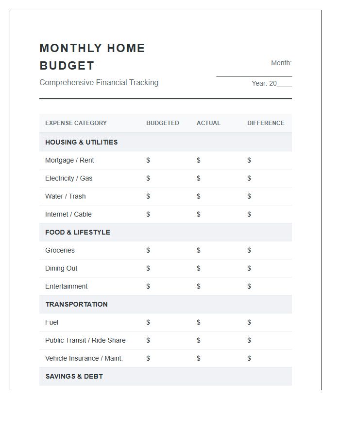 Detailed Home Budgeting Printable Chart