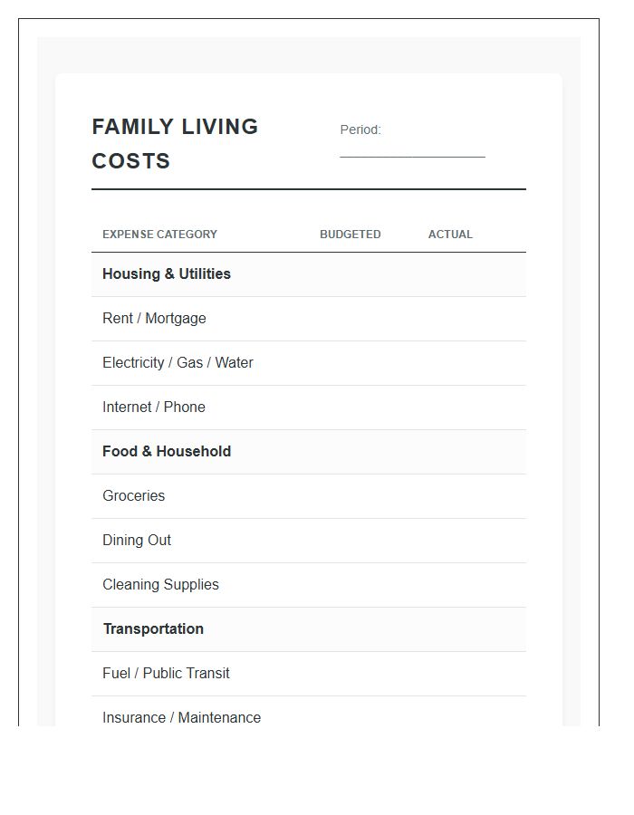 Family Living Costs Printable Chart