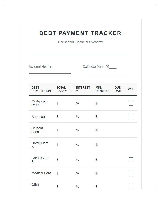 Household Debt Payment Printable Chart