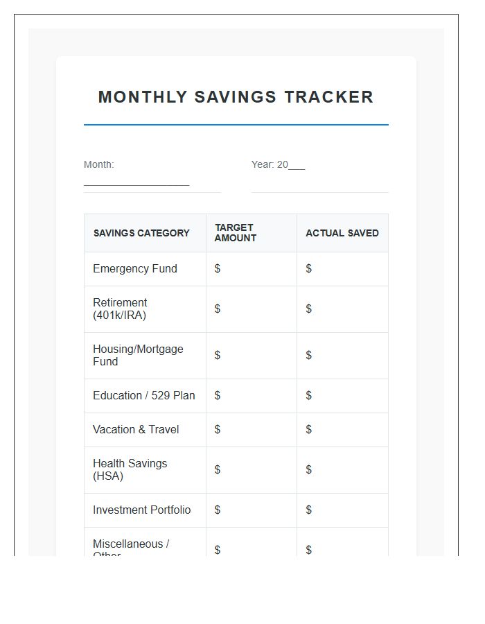 Household Monthly Savings Printable Chart