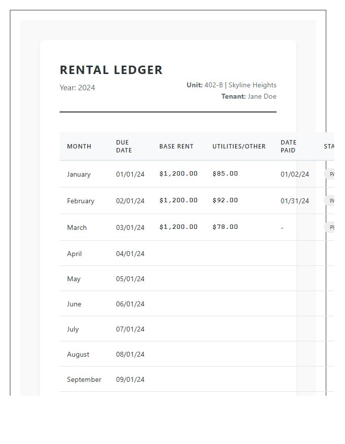 Monthly Apartment Rental Printable Chart