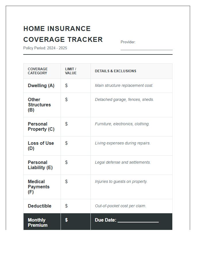 Monthly Home Insurance Printable Chart