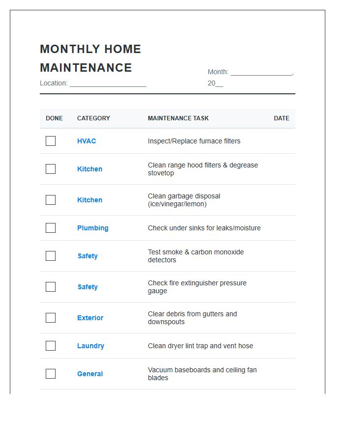Monthly Home Maintenance Printable Chart