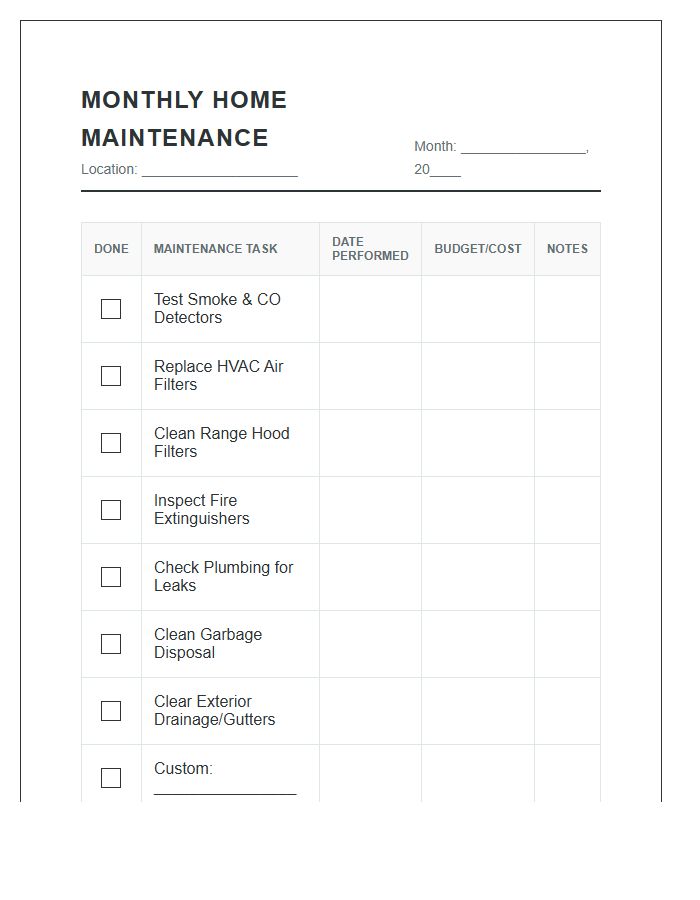 Monthly Home Repair Printable Chart