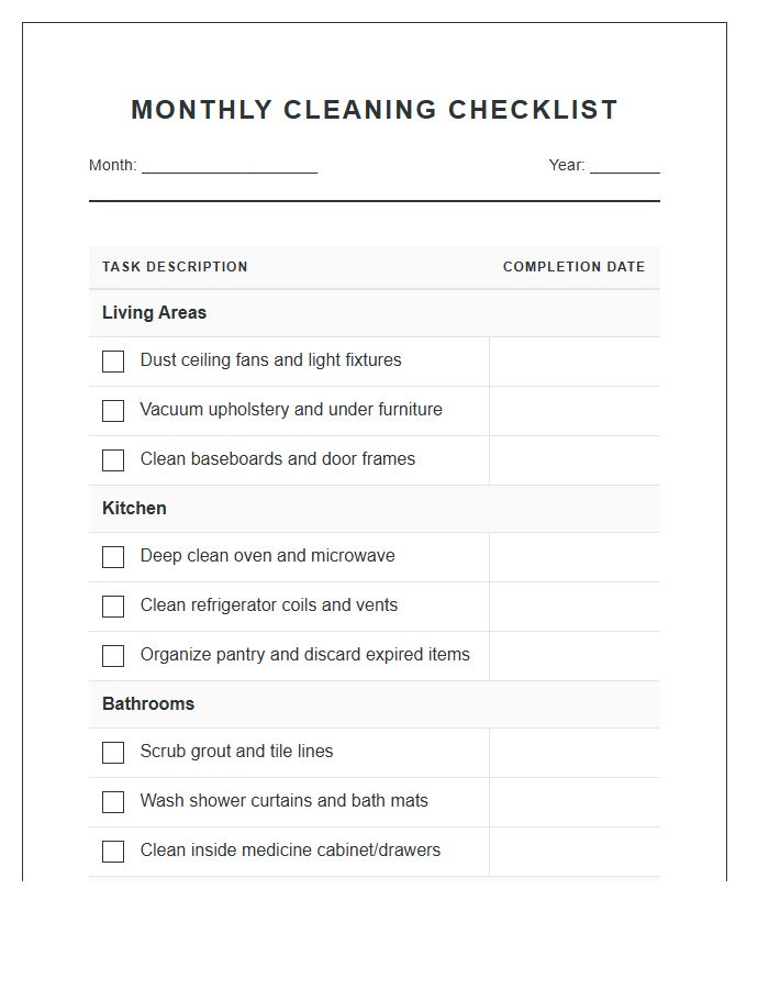Monthly House Cleaning Printable Chart
