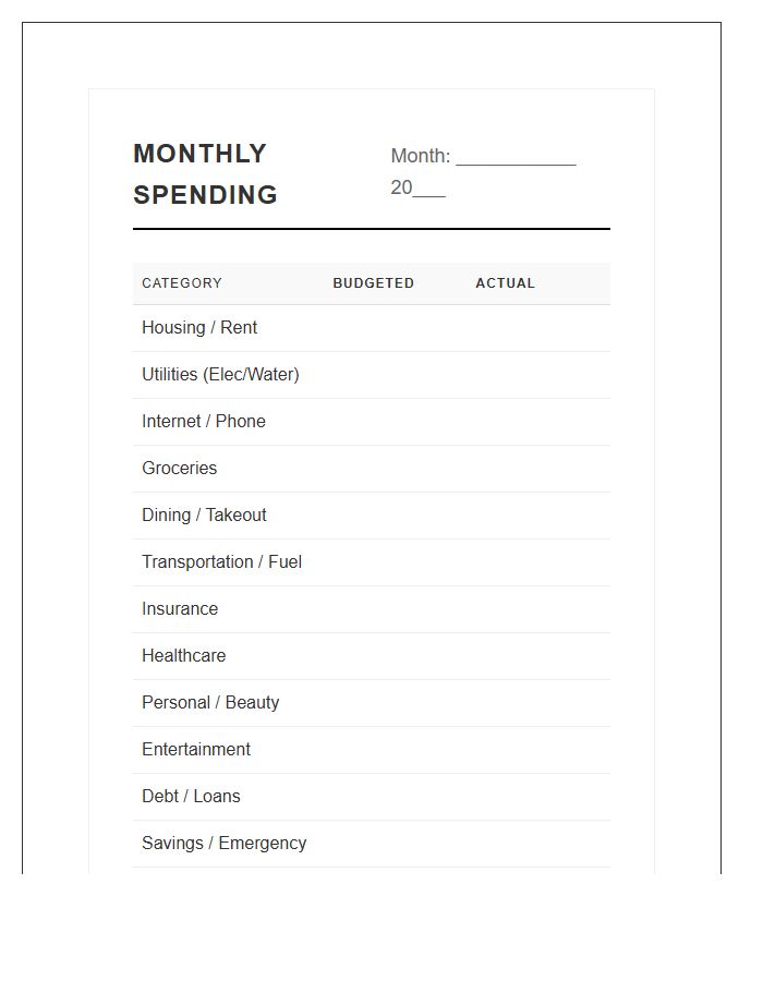 Monthly Household Spending Tracking Printable Chart