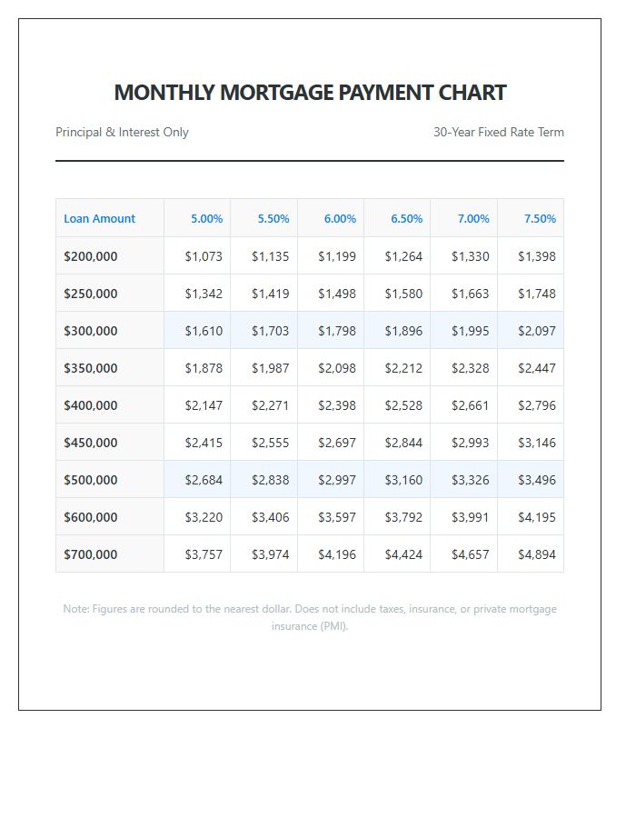 Monthly Mortgage Payment Printable Chart