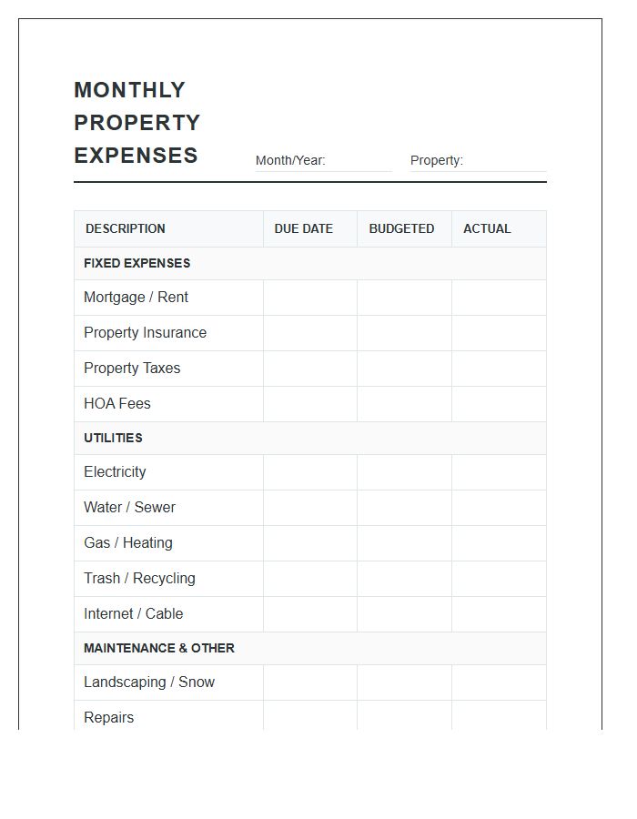 Monthly Property Expense Printable Chart