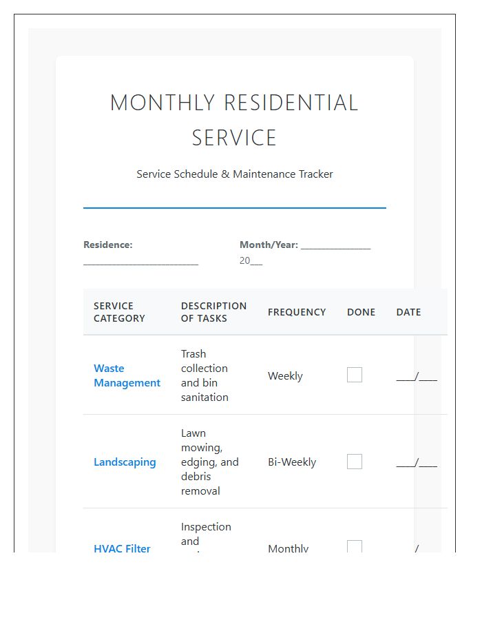 Monthly Residential Service Printable Chart