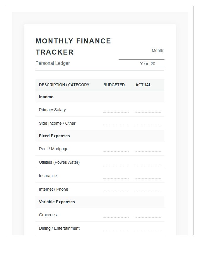 Personal Home Finance Printable Chart