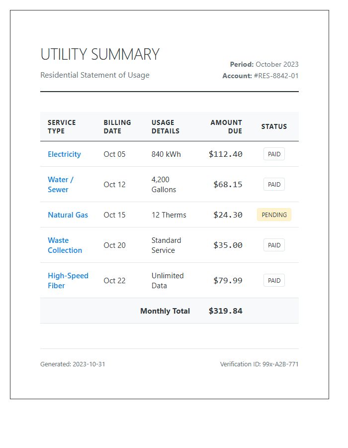 Residential Utility Bill Printable Chart