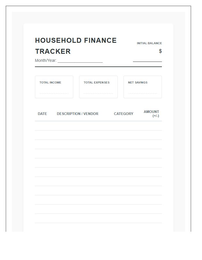 Basic Household Finance Printable Tracking Chart
