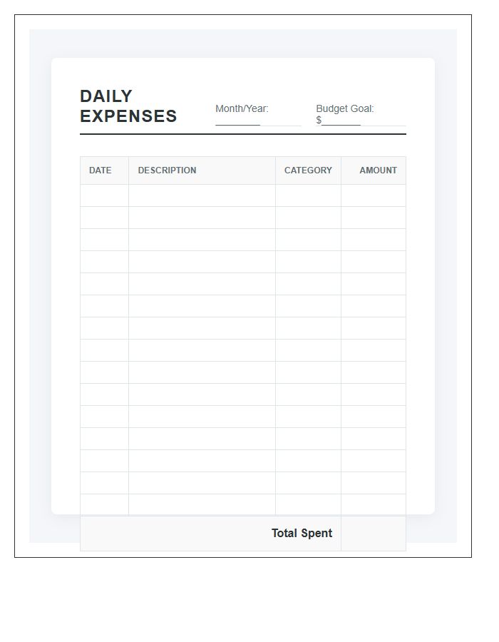 Daily Household Expense Printable Budget Chart