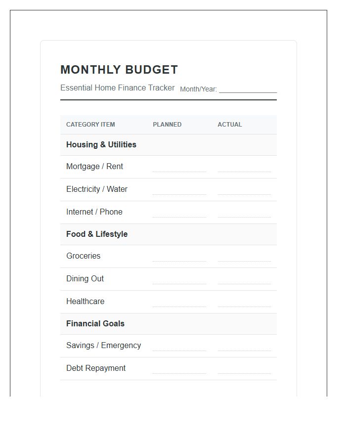 Essential Home Finance Printable Budget Chart