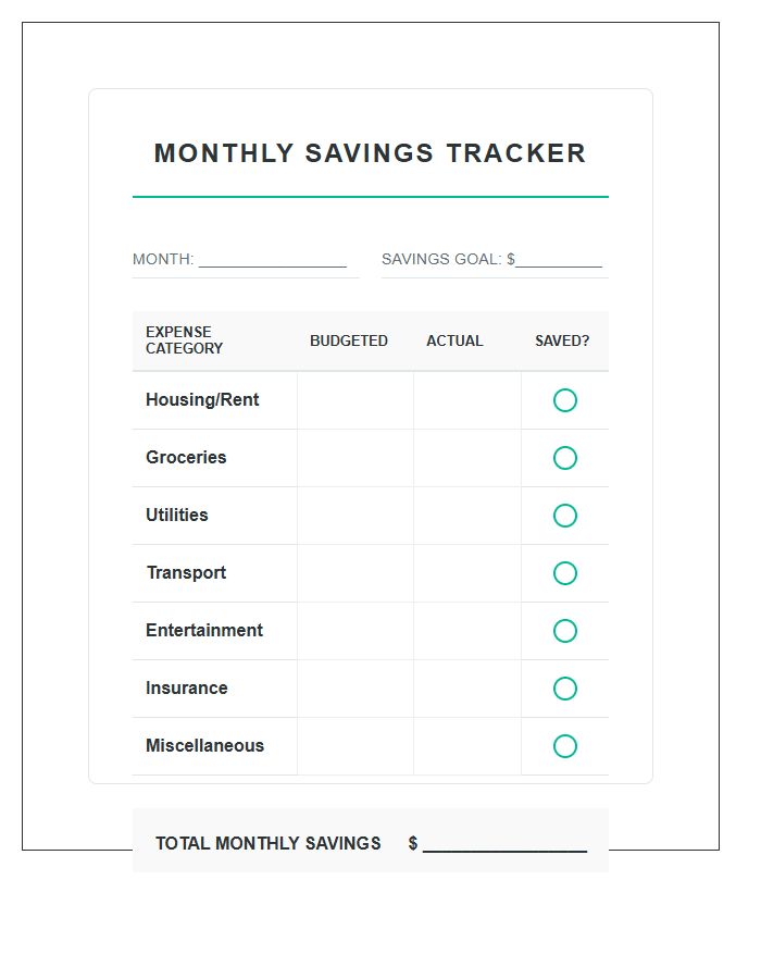 Monthly Household Expense Printable Savings Chart