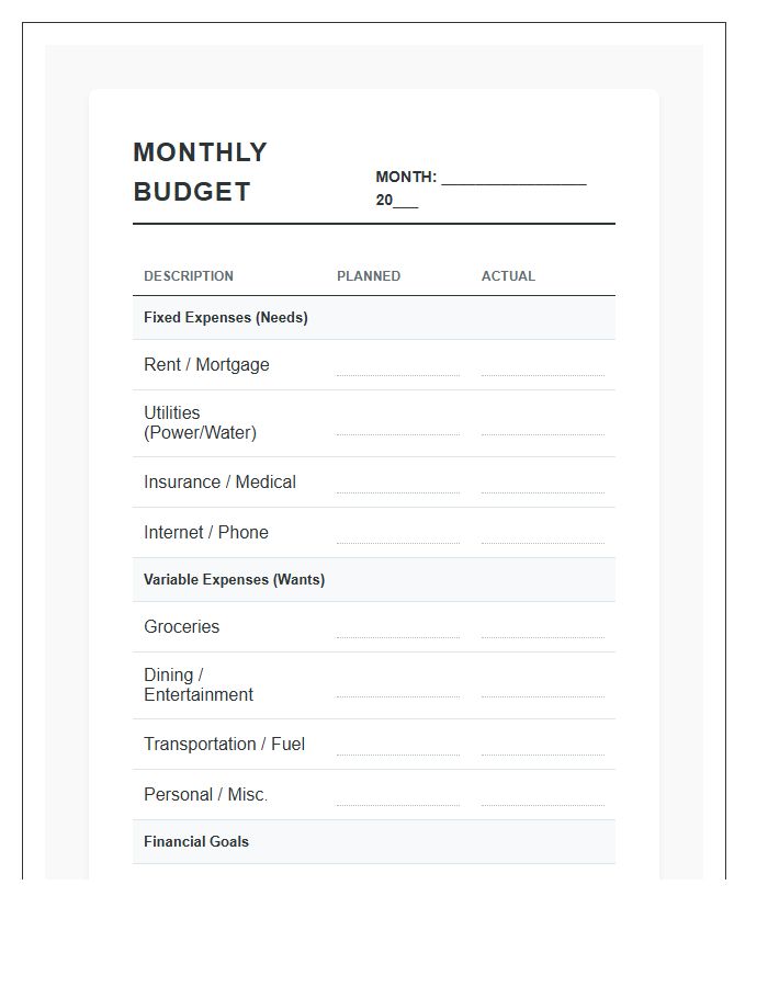 Practical Household Finance Printable Budget Chart