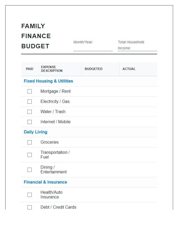 Primary Family Finance Printable Budget Chart