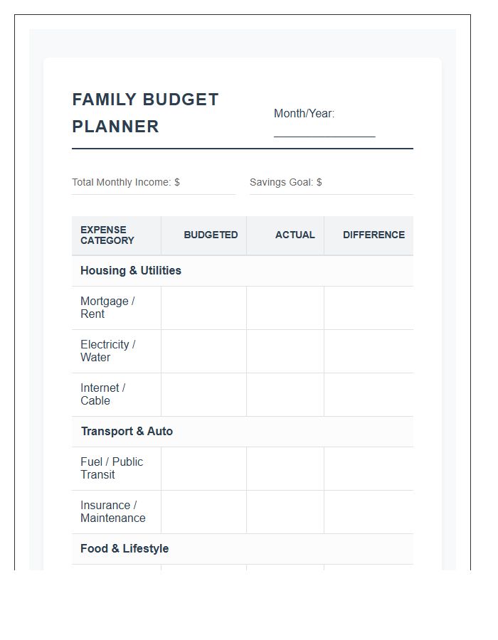 Reliable Family Finance Printable Budget Chart