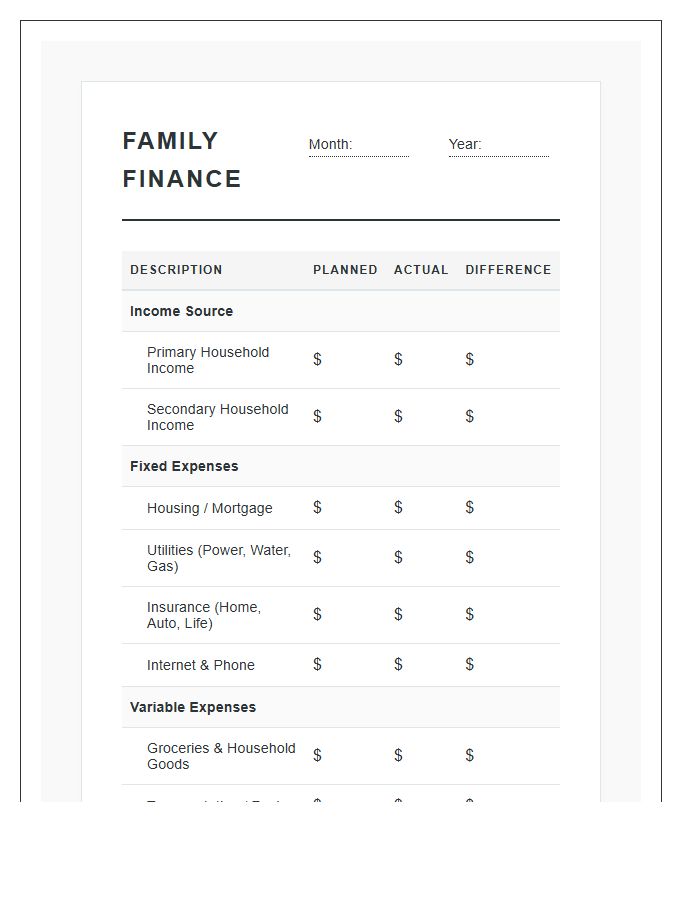 Routine Family Finance Printable Budget Chart