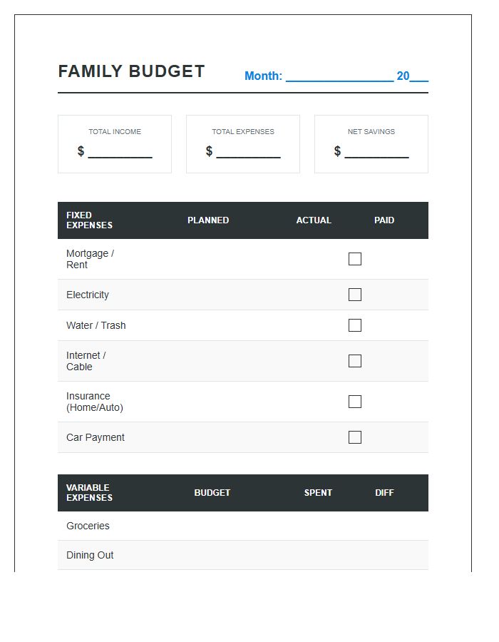 Simple Family Finance Printable Budget Chart