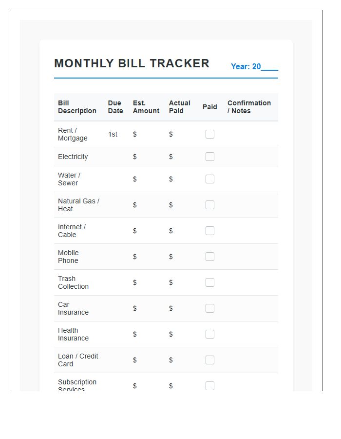 Standard Household Bill Printable Payment Chart