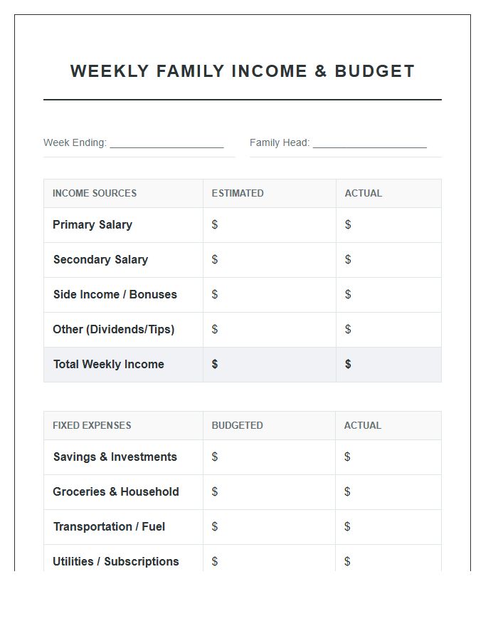 Weekly Family Income Printable Budget Chart