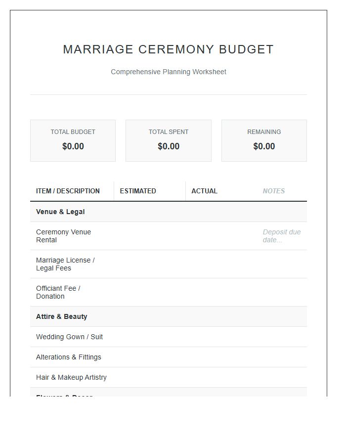 Comprehensive Marriage Ceremony Printable Budget Chart