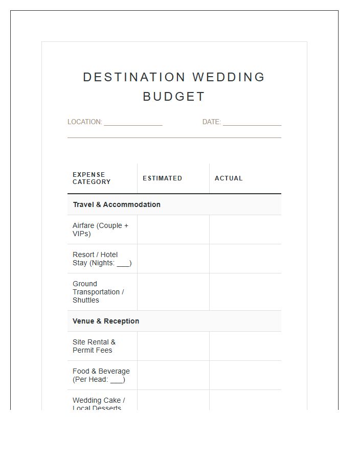 Destination Wedding Expense Printable Budget Chart