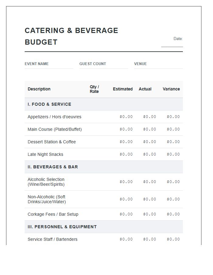 Detailed Catering And Beverage Printable Budget Chart