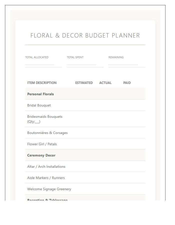 Detailed Floral And Decor Printable Budget Chart